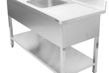 Komercijas Divkāršā izlietne Nerūsējošais tērauds 1800x600x950mm 2 bļodas pa kreisi Aizmugurējais panelis | Adexa DSD1860L