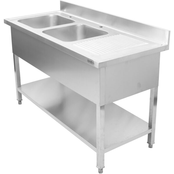 Komercijas Divkāršā izlietne Nerūsējošais tērauds 1800x600x950mm 2 bļodas pa kreisi Aizmugurējais panelis | Adexa DSD1860L