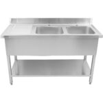 Komerciālais divkāršais izlietne nerūsējošais tērauds 1500x700x950mm 2 bļodas labajā pusē uzliekams panelis | Adexa DSD1570R - Image 5