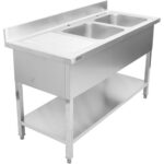 Komerciālais divkāršais izlietne nerūsējošais tērauds 1500x700x950mm 2 bļodas labajā pusē uzliekams panelis | Adexa DSD1570R