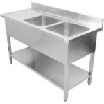 Komerciālais divkāršais izlietne nerūsējošais tērauds 1500x700x950mm 2 bļodas labajā pusē uzliekams panelis | Adexa DSD1570R - Image 2