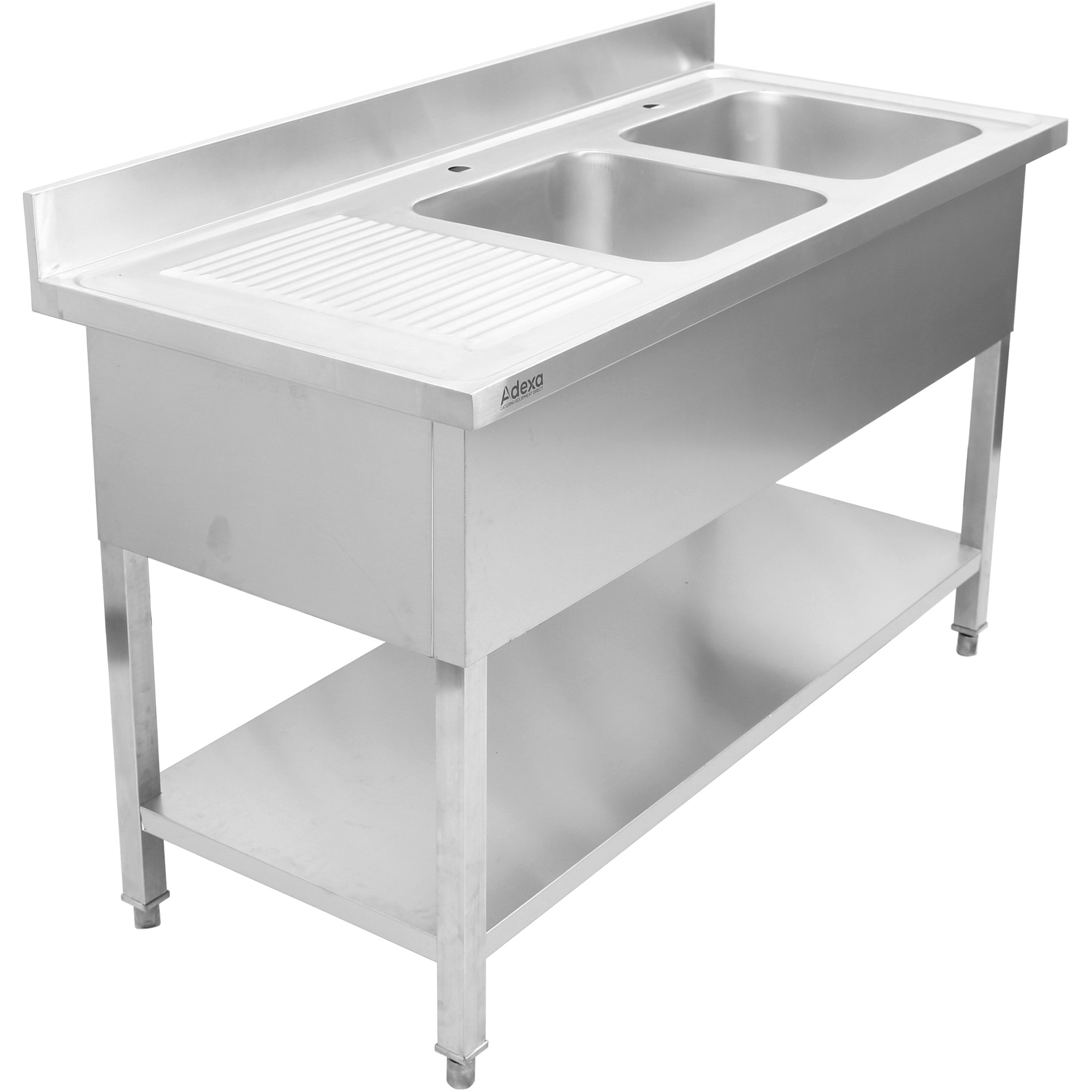 Komerciāls dubultais izlietnes komplekts Nerūsējošs tērauds 1400x600x950mm 2 bļodas pa labi Aizmugurējais panelis | Adexa DSD1460R Komerciālais divkāršais izlietne nerūsējošais tērauds 1500x700x950mm 2 bļodas labajā pusē uzliekams panelis | Adexa DSD1570R - Image 1