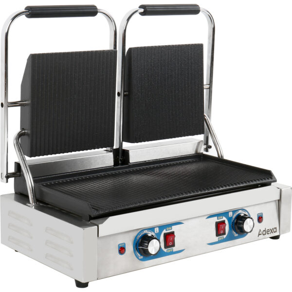 Smagā tipa dubultā Panini kontakta grils ar divām zonām 3.6kW Rievots | Adexa MLP813