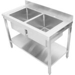 Komercslietojuma izlietne nerūsējošais tērauds 1200x600x900mm 2 bļodas ar atstarpes aizsargsieniņu | Adexa STD245A - Image 3