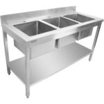 Komercijas izlietne Nerūsējošais tērauds 1500x600x900mm 3 bļodas Aizmugures panelis | Adexa STD345A