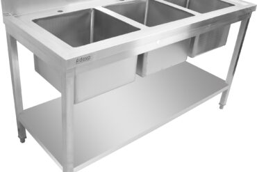 Komercijas izlietne Nerūsējošais tērauds 1500x600x900mm 3 bļodas Aizmugures panelis | Adexa STD345A