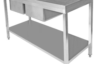 Komerciālais izlietņu komplekts Nerūsējošs tērauds 2000x600x850mm 2 bļodas pa kreisi ar notekas dēli, aizsargsienu un apakšplauktu | Adexa STT2060L