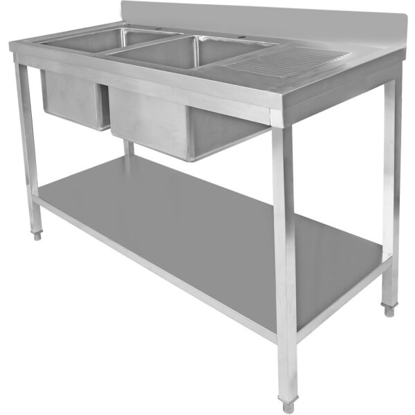 Komerciālais izlietņu komplekts Nerūsējošs tērauds 2000x600x850mm 2 bļodas pa kreisi ar notekas dēli, aizsargsienu un apakšplauktu | Adexa STT2060L