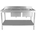 Komerciālais izlietņu komplekts Nerūsējošs tērauds 2000x600x850mm 2 bļodas pa kreisi ar notekas dēli, aizsargsienu un apakšplauktu | Adexa STT2060L - Image 5