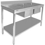 Komerciāla izlietne Nerūsējošais tērauds 2000x600x850mm 2 bļodas labajā pusē ar notekplātni Aizmugures panelis Apakšplaukts | Adexa STT2060R