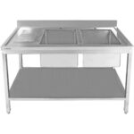 Komerciālais izlietņu komplekts Nerūsējošs tērauds 2000x600x850mm 2 bļodas pa kreisi ar notekas dēli, aizsargsienu un apakšplauktu | Adexa STT2060L - Image 3