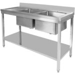 Komerciālais izlietņu komplekts Nerūsējošs tērauds 2000x600x850mm 2 bļodas pa kreisi ar notekas dēli, aizsargsienu un apakšplauktu | Adexa STT2060L - Image 2