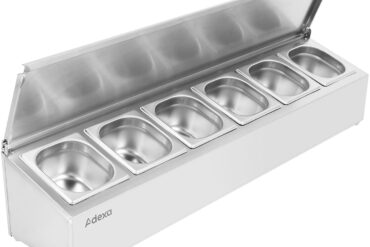 Komercisks garšvielu turētājs ar vāku, kas ietver 6xGN1/6-150mm konteinerus, nerūsējošais tērauds | Adexa CHD06ADFL