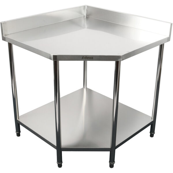Komerciāls darba galds stūra vienība Nerūsējošais tērauds 900x900x700x700x900/1000mm ar apmali un apakšējo plauktu | Adexa CWT1070RB