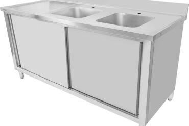 Komerciāls dubultās izlietnes skapītis nerūsējošā tērauda 1500x600x900mm 2 bļodas ar aizsargmalu | Adexa DSD15602DR