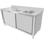 Komerciāls dubultās izlietnes skapītis nerūsējošā tērauda 1500x600x900mm 2 bļodas ar aizsargmalu | Adexa DSD15602DR