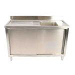 Komercionālā izlietne ar bīdāmām durvīm Nerūsējošais tērauds 1 trauks Labā Apakšējais plaukts Šļakatu aizsargs 1800x600x900mm | Adexa DSA180602DR - Image 2