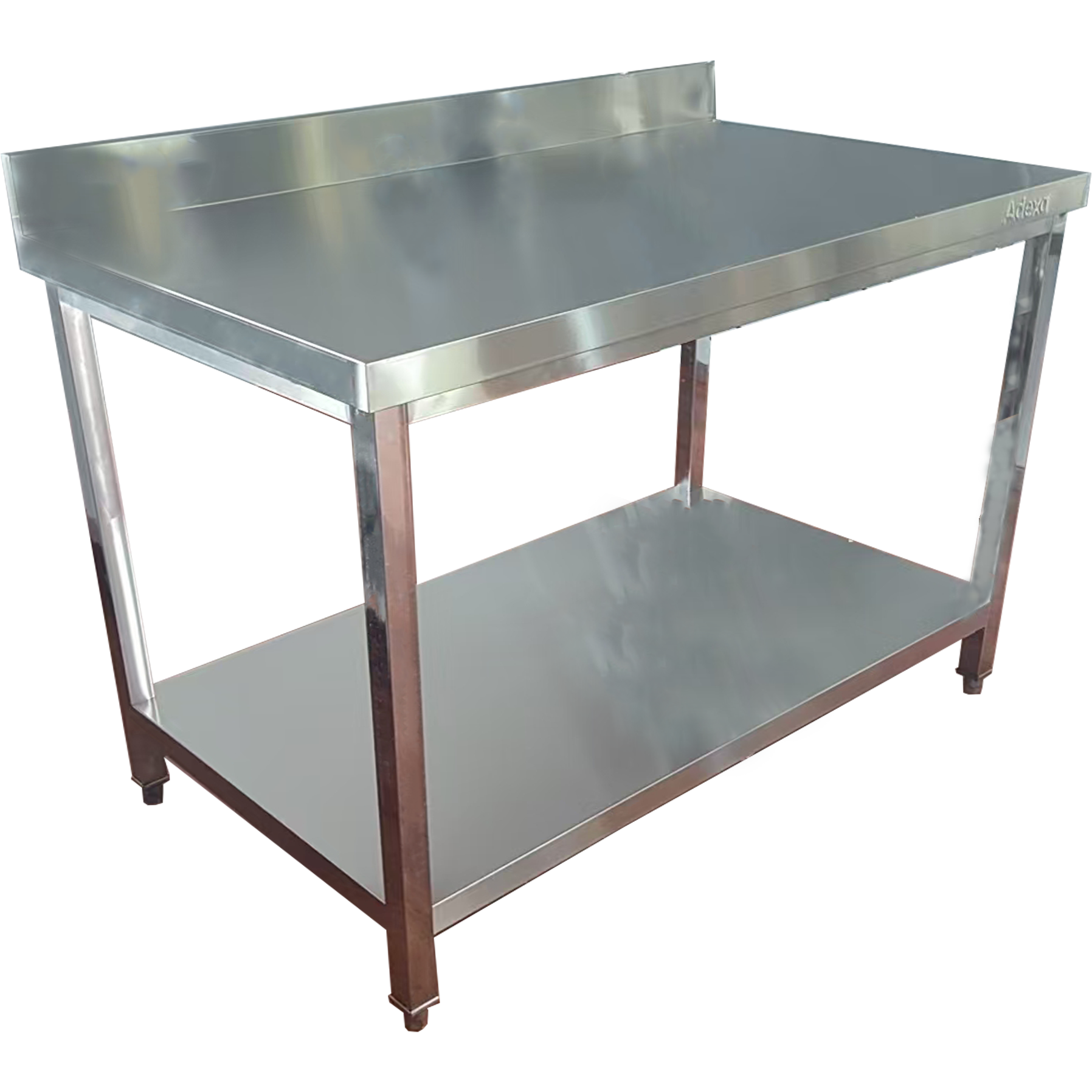 Komerciālais darba galds ar apakšējo plauktu un aizmugurējo sienu Nerūsējošā tērauda Kvadrātveida kājas 1500x800x900mm | Adexa QNH11140 Darba galda apakšējā plaukta aizmugures panelis - Nerūsējošais tērauds Kvadrātveida kājas 600x600x900mm | Adexa QNH11110 - Image 1