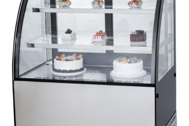 Komerciālais kūku stends ar noapaļotu priekšpusi, 2 plaukti, 1000x700x1200mm, nerūsējošais tērauds un melns | Adexa HL1000EM2