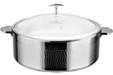 Servēšanas un sildīšanas katls ar stikla vāku un keramikas ieliktni trīsslāņu āmurēta virsma ⌀320x120mm nerūsējošā tērauda apdare | Adexa E0312001M