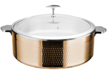 Pasniegšanas un sildīšanas katls ar stikla vāku un keramikas ieliktni, trīsslāņu āmurēta virsma ⌀320x120mm varš | Adexa E0312010M