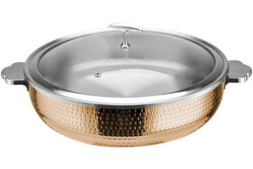 Pasniegšanas un sildīšanas katls ar stikla vāku un nerūsējošā tērauda ieliktni, trīsslāņu āmurēta virsma ⌀320x90mm varš | Adexa E0312210