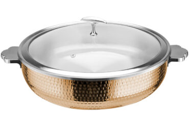 Pasniegšanas un sildīšanas katls ar stikla vāku un keramikas ieliktni, trīsslāņu āmurēta virsma ⌀320x90mm varš | Adexa E0312210M