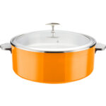 Pasniegšanas un sildīšanas katls ar stikla vāku un keramikas ieliktni Trīsslāņu krāsots pārklājums ⌀320x120mm Oranžs | Adexa E0912015M