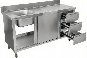 Komerciālais izlietnes skapītis no nerūsējošā tērauda 1200x600x900mm 1 bļoda pa kreisi 3 atvilktnes ar aizsargmalu | Adexa DSA601202D3DL