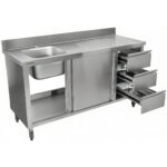 Komerciālais izlietnes skapītis no nerūsējošā tērauda 1200x600x900mm 1 bļoda pa kreisi 3 atvilktnes ar aizsargmalu | Adexa DSA601202D3DL