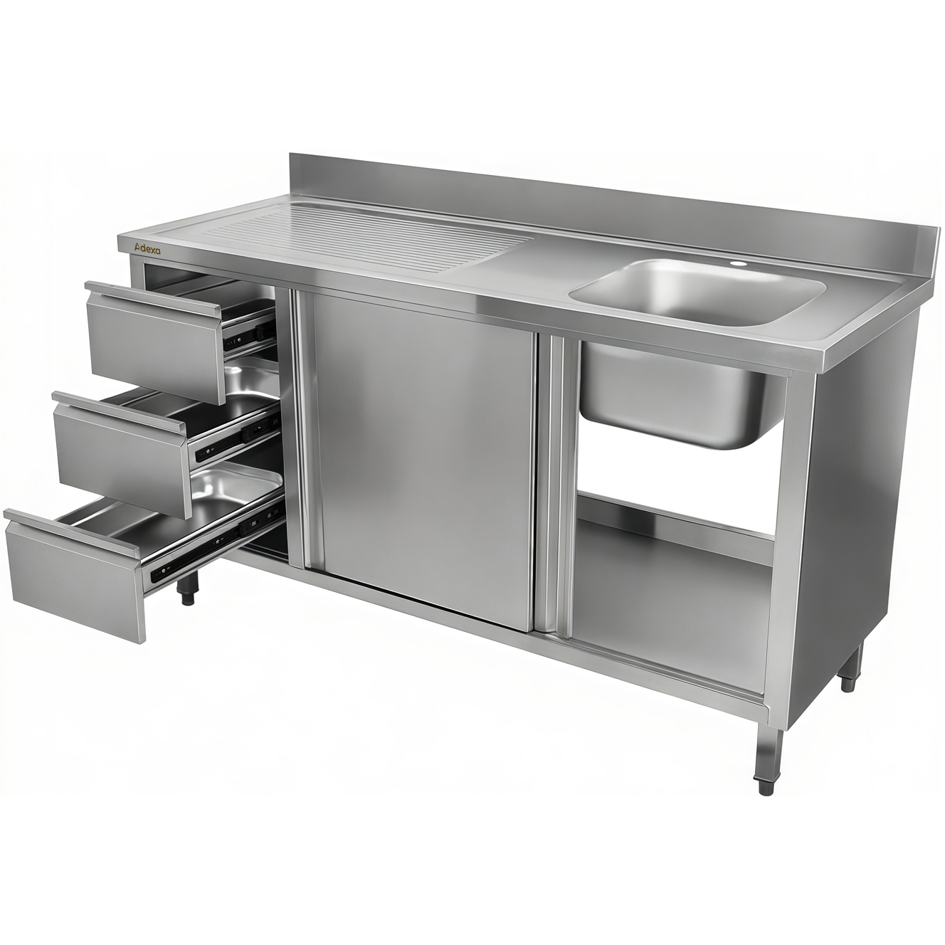 Komerciālais izlietnes skapītis no nerūsējošā tērauda 1200x600x900mm 1 bļoda pa labi 3 atvilktnes ar aizsargmalu | Adexa DSA601202D3DR Komerciālais izlietnes skapis no nerūsējošā tērauda 1000x600x900mm 1 bļoda pa labi 3 atvilktnes Aizsargsiena | Adexa DSA601002D3DR - Image 1