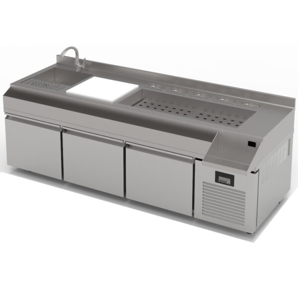 Profesionāls bāra ledusskapis 580 L – 3 atvilktnes – nerūsējošais tērauds ar kokteiļu vienību | Adexa TPG73L3DCT207