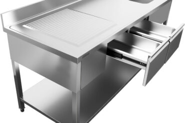 Komerciālais izlietne nerūsējošais tērauds 1800x700x900mm 1 bļoda labajā pusē 2 atvilktnes Splashback | Adexa DSA2D18070R
