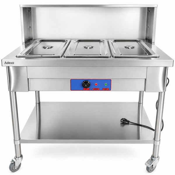 Mobilā Bain Marie ēdiena sildīšanas servēšanas iekārta 3xGN1/1 ar virsplauktu | Adexa PFD12070